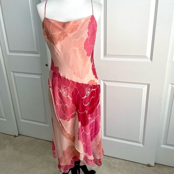 BCBGMaxAzria Pink Red Dusty Rose Floral Silk Layered Spaghetti Strap Dress 12 - Picture 1 of 5